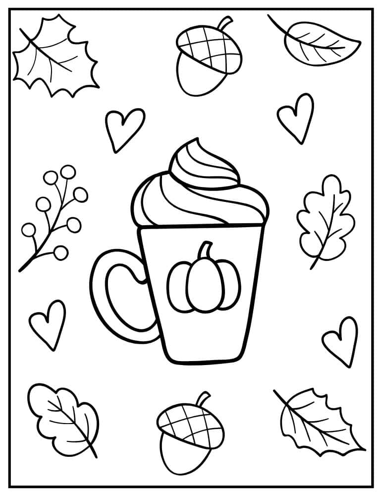 Pumpkin spice latte fall coloring page with leaves and acorns