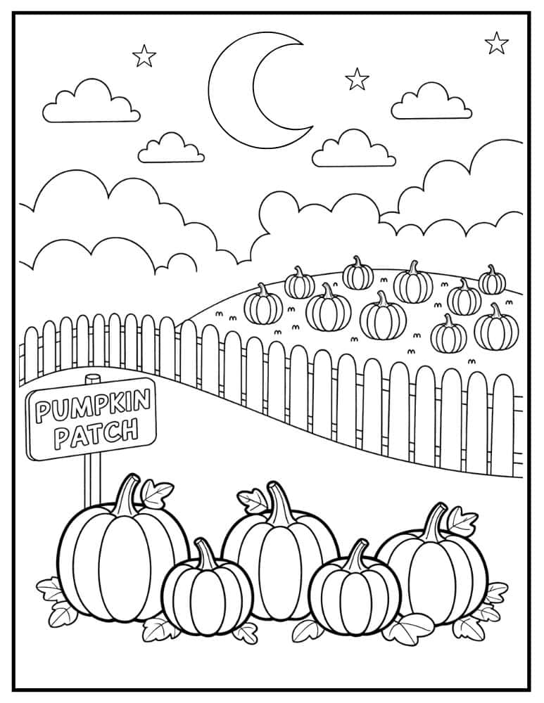 Pumpkin patch fall coloring page