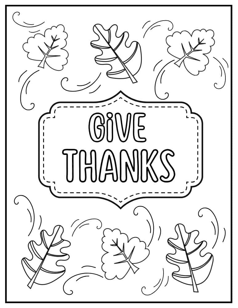 Give thanks coloring sheet with swirling autumn leaves