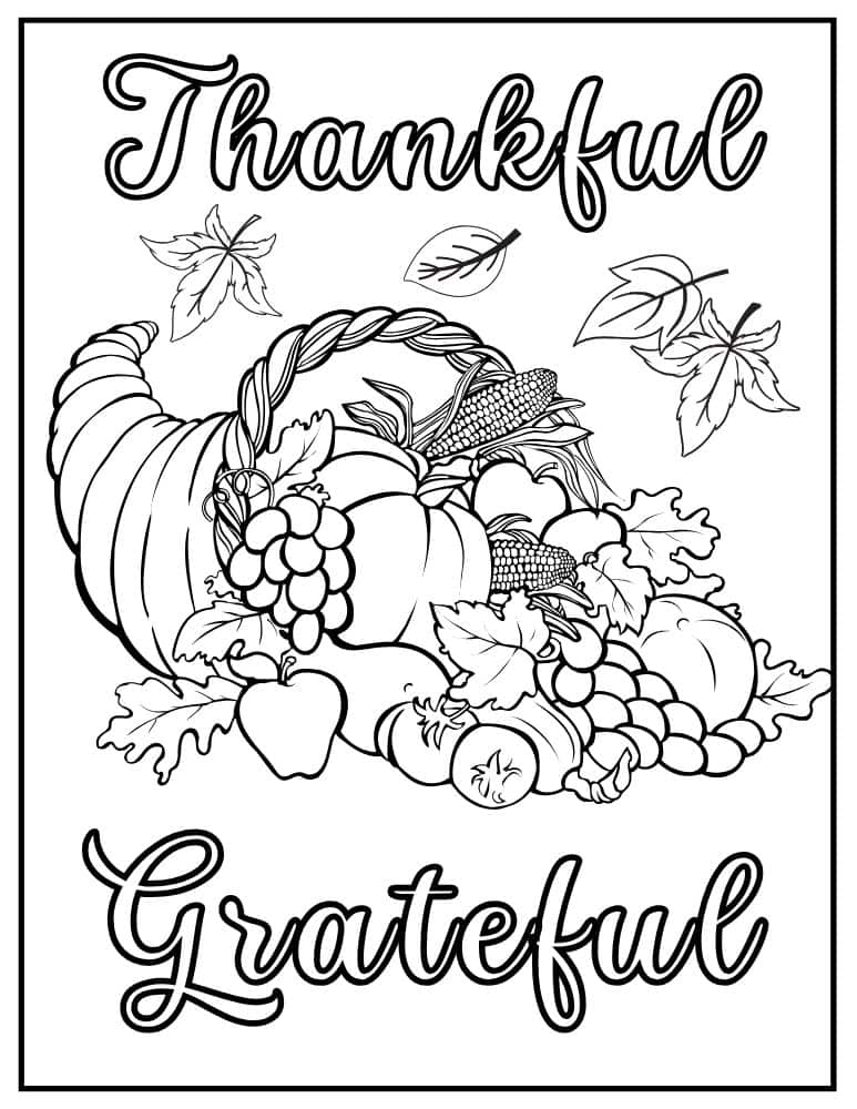 Thankful and grateful cornucopia harvest coloring sheet