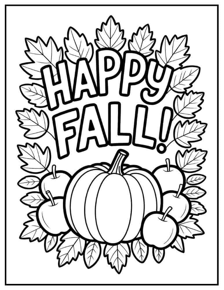 Happy fall coloring page with apples, leaves, and a big pumpkin