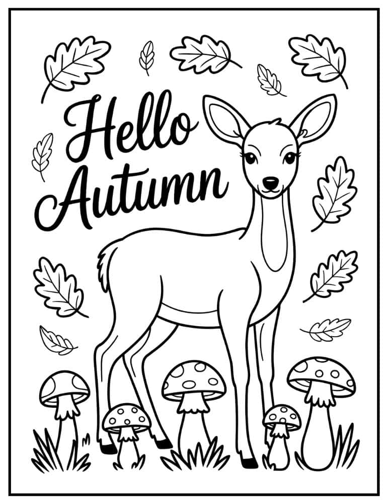 Hello autumn deer coloring page with mushrooms and falling leaves