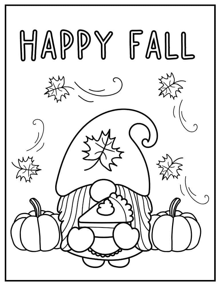 Happy fall gnome coloring page with pumpkins and pie