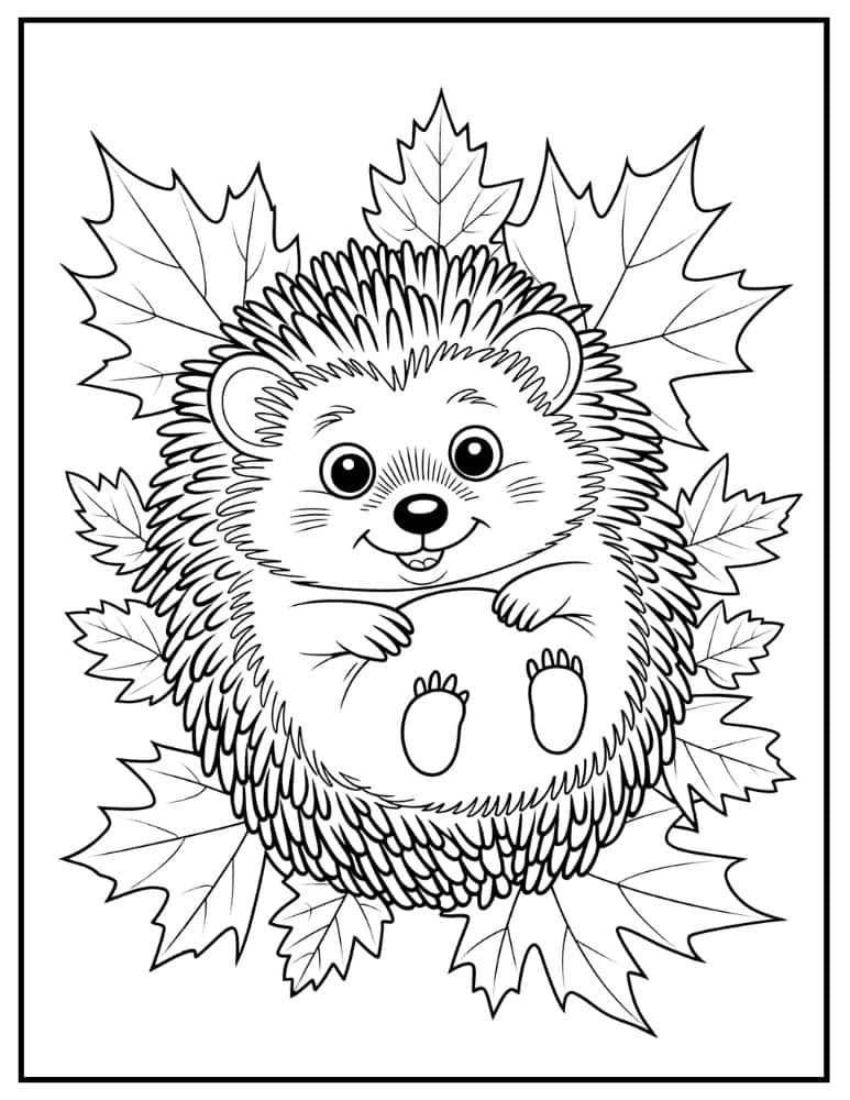 Cute hedgehog coloring page with maple leaves background