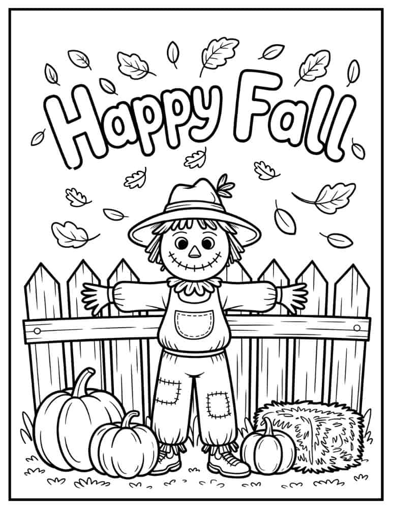 Happy fall scarecrow coloring page with pumpkins and hay bale