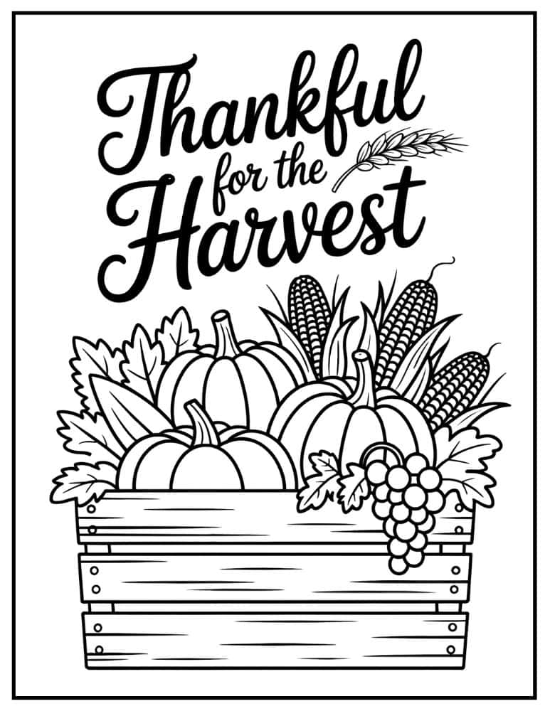Thankful for the harvest words with crate of vegetables