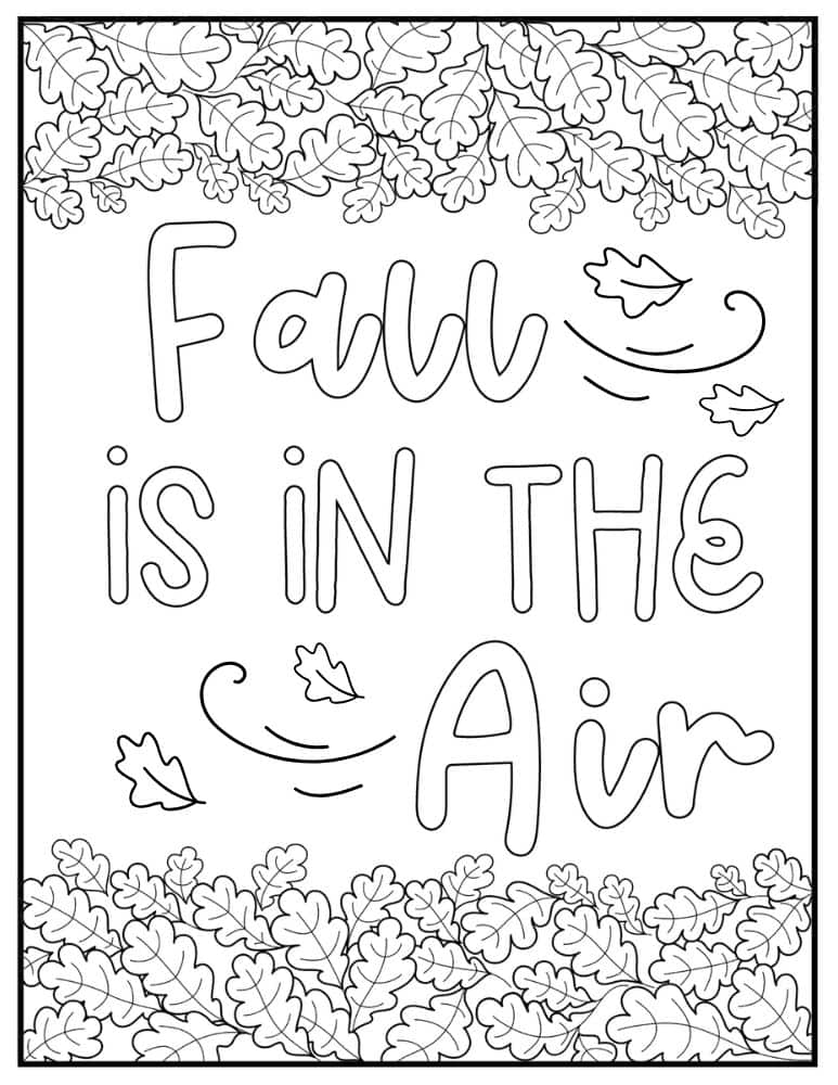 Fall is in the air coloring page with swirling leaves and acorns