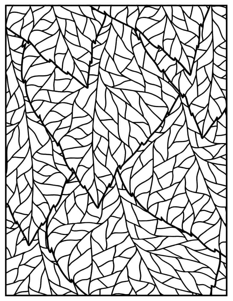 Autumn leaf pattern coloring page with mosaic design