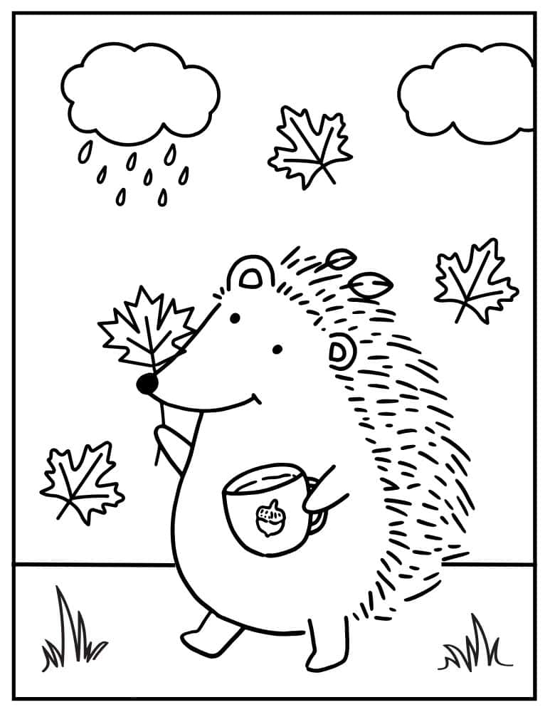 Cute hedgehog fall holding leaf and coffee cup