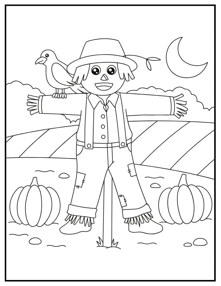 Scarecrow coloring page with crow, pumpkins, and crescent moon