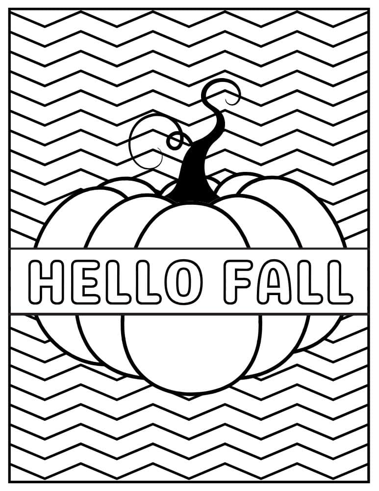 Hello fall pumpkin coloring page with chevron background