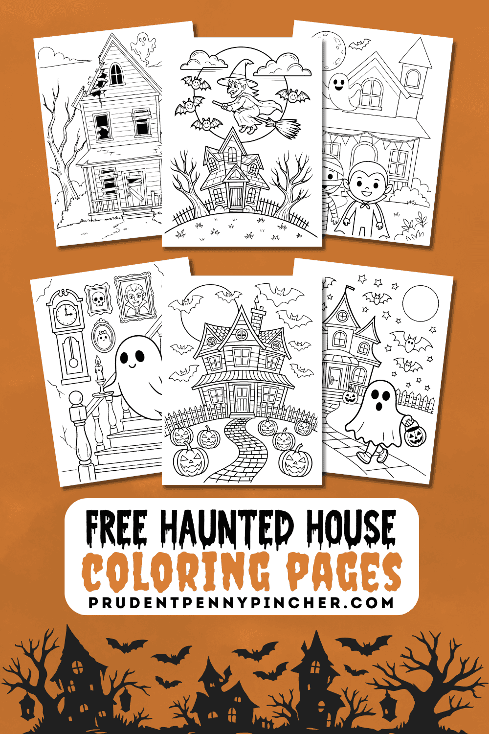 A collage of free haunted house coloring pages featuring spooky houses, ghosts, bats, a witch, pumpkins, and Halloween scenes.