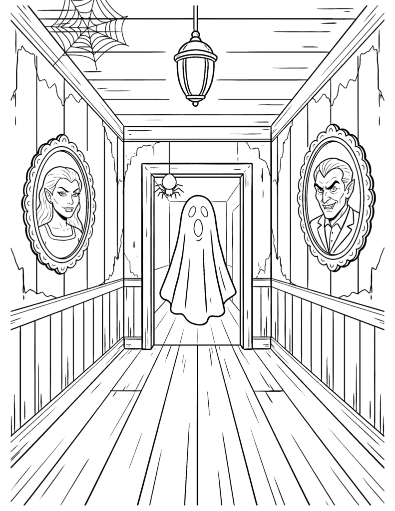 Haunted Hallway with ghost and portraits