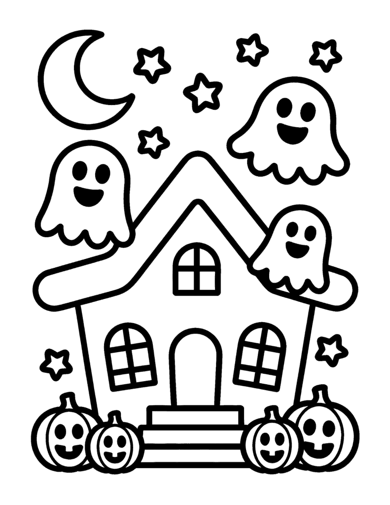 Cute Haunted House with Ghosts and Pumpkins