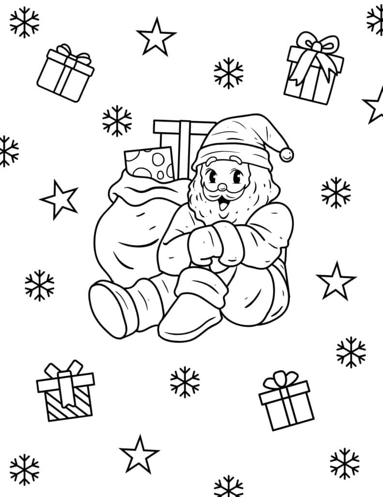 santa with sack of christmas gifts coloring page