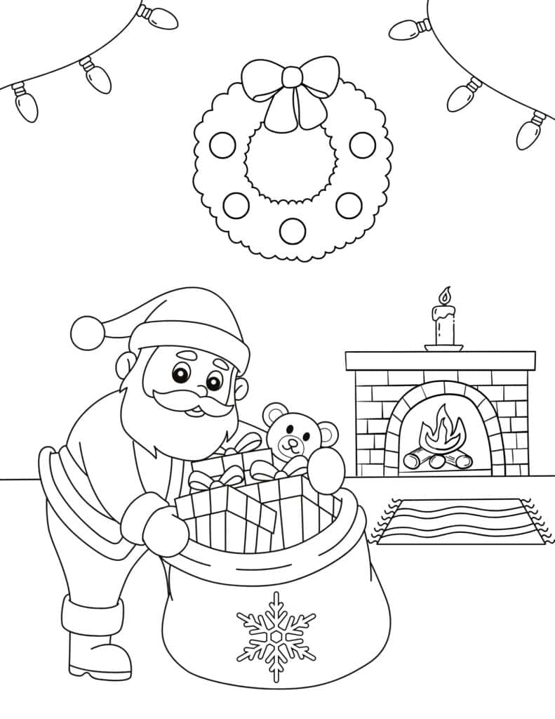 Santa reaching into sack of gifts coloring page