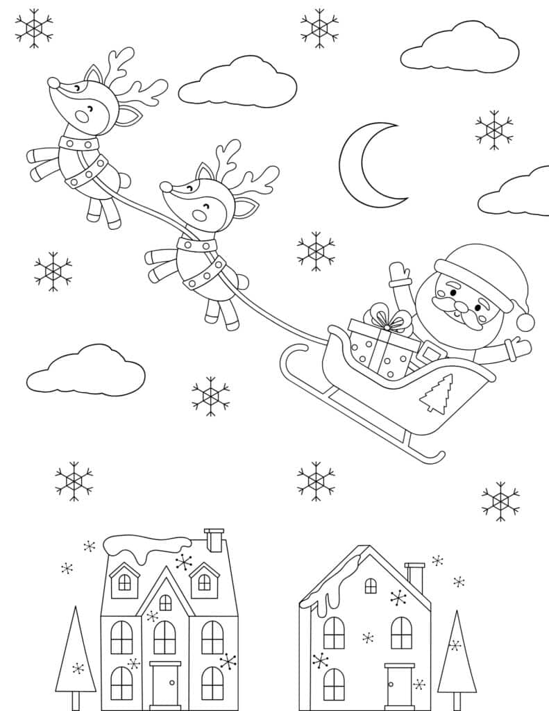 santa flying over snowy houses