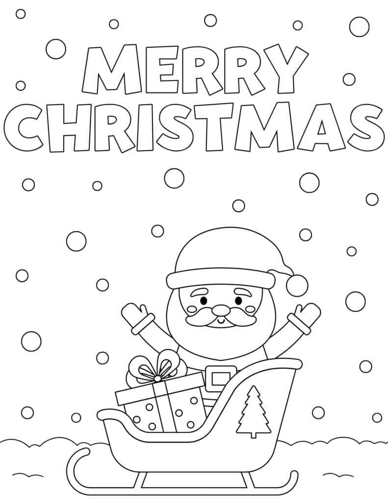 merry christmas Santa and his sleigh coloring page
