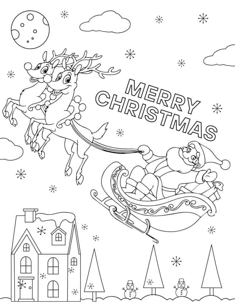santa flying over christmas village
