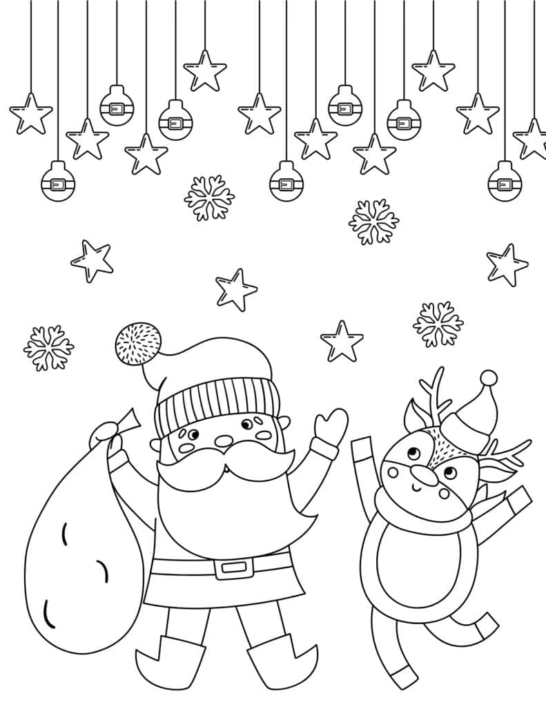 dancing santa and Rudolph coloring page