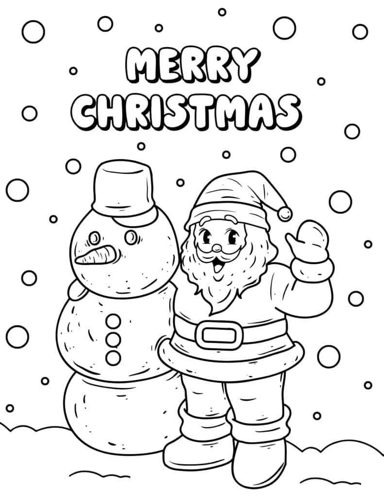 santa with a snowman coloring page