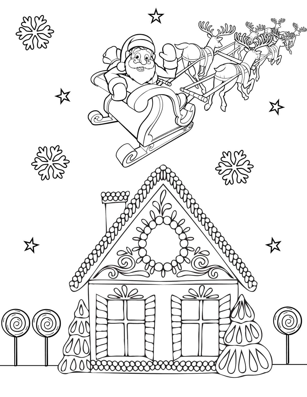 gingerbread house coloring page santa flying over