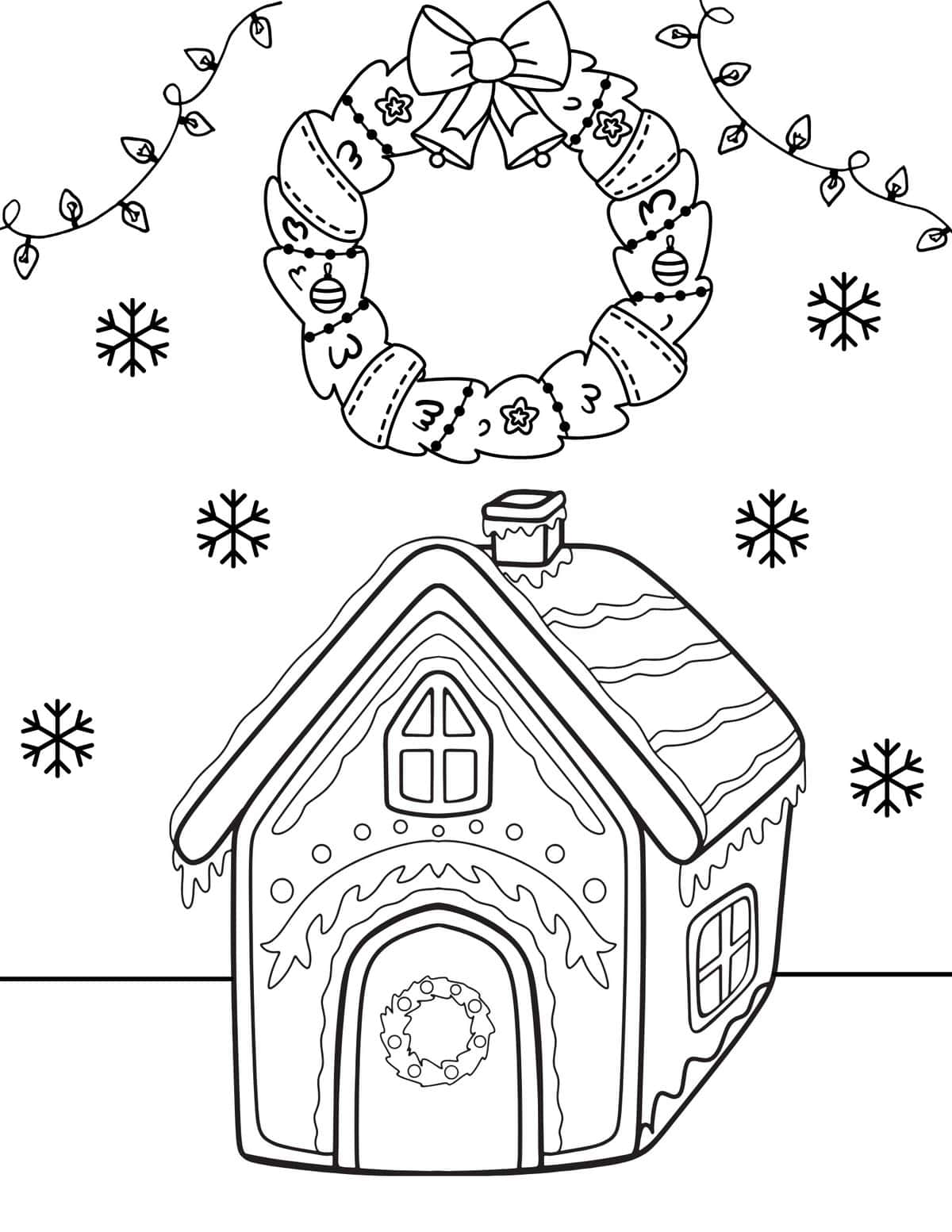 gingerbread coloring page with wreath and christmas lights