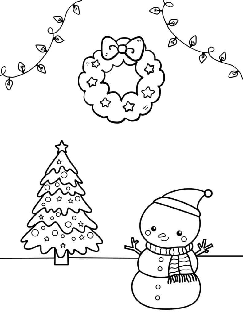 snowman with a christmas tree and wreath