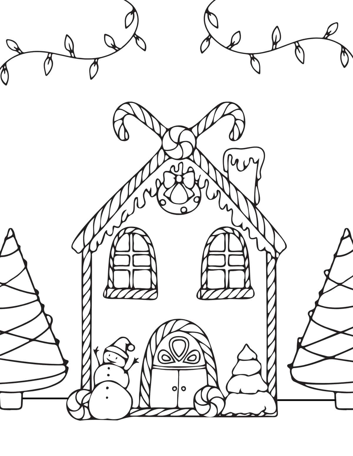 gingerbread house with snowman and christmas trees coloring page