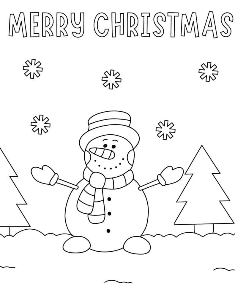 Merry christmas snowman coloring page