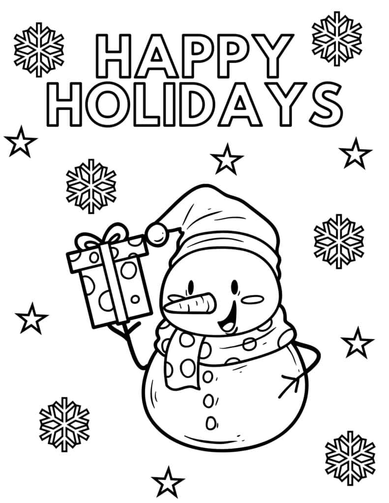 snowman with christmas gift coloring page