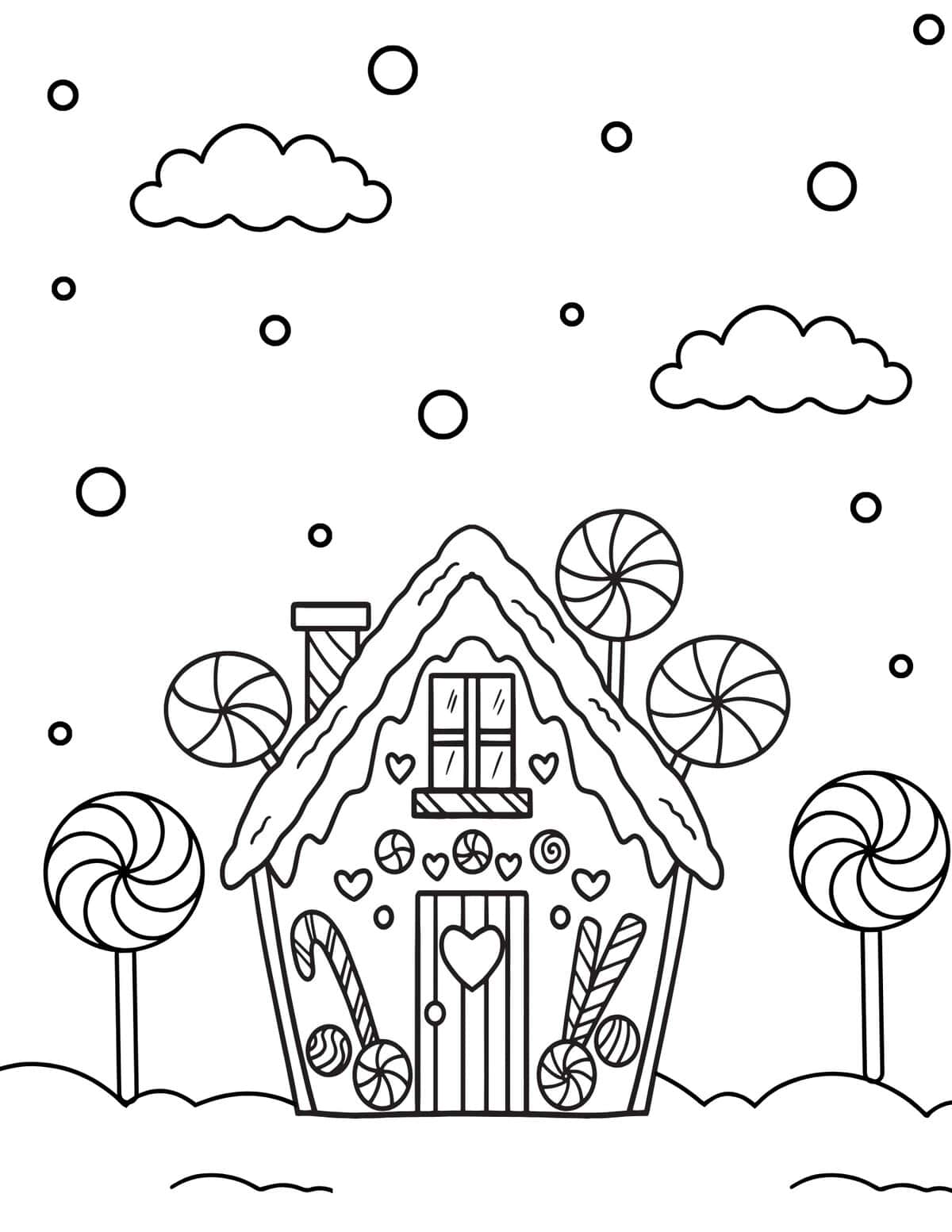 gingerbread house coloring page with lollipops