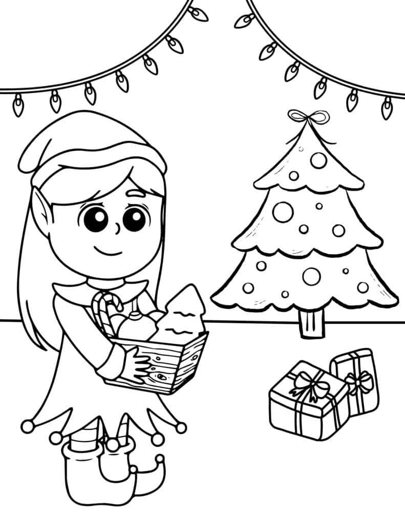 girl elf with a gift basket coloring page
