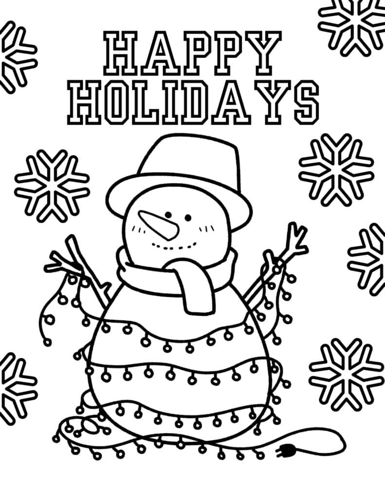 Happy holidays coloring page with snowman and christmas lights