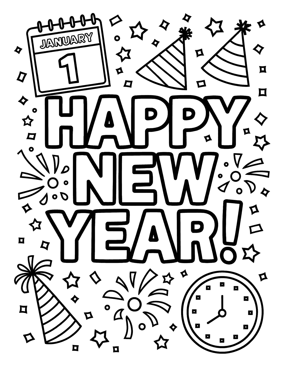 coloring page with big bubble letters framed by a January 1st calendar, party hats, fireworks, stars, and a clock striking midnight.