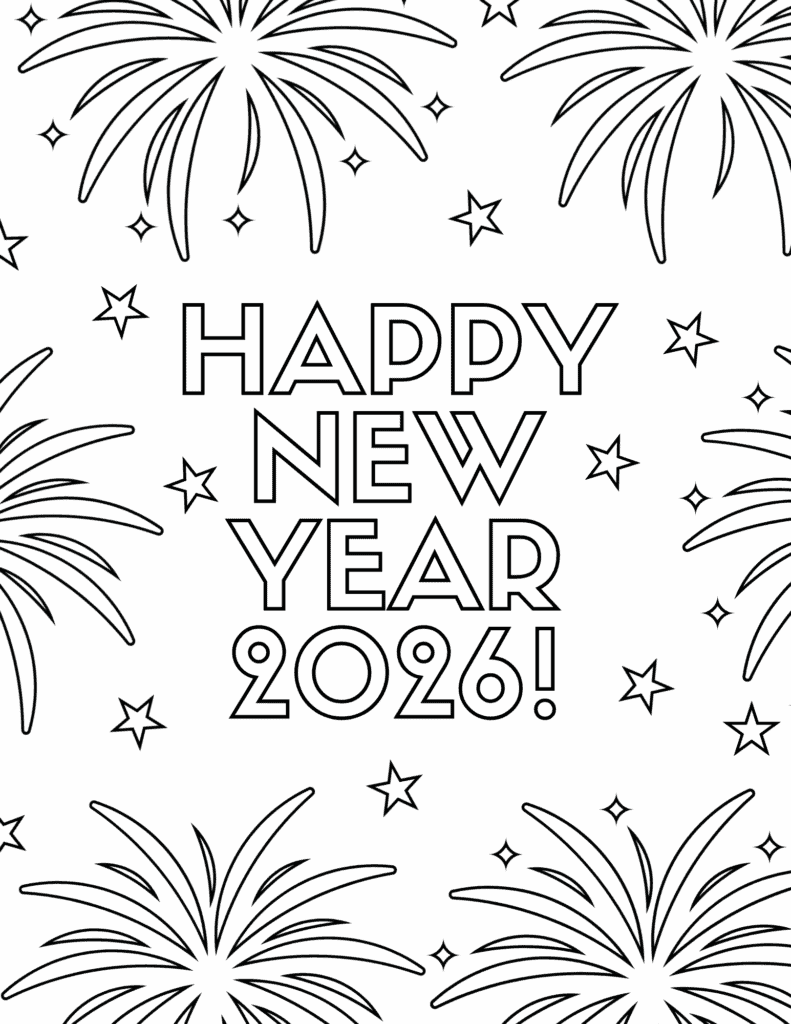 Happy New Year 2026 coloring page with repeating fireworks and tiny stars forming a festive border around the words.