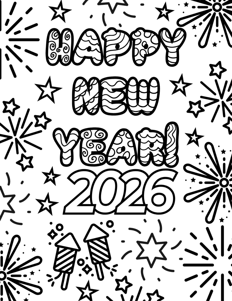 Happy New Year 2026 coloring page with patterned bubble letters, bold numbers, fireworks, stars, and two rockets at the bottom.