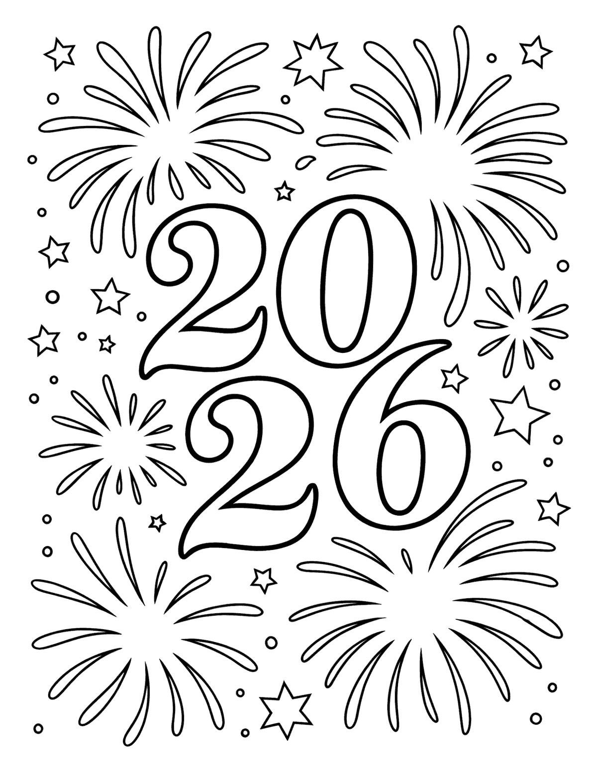 2026 coloring page with large decorative numbers surrounded by fireworks, stars, and tiny confetti dots.