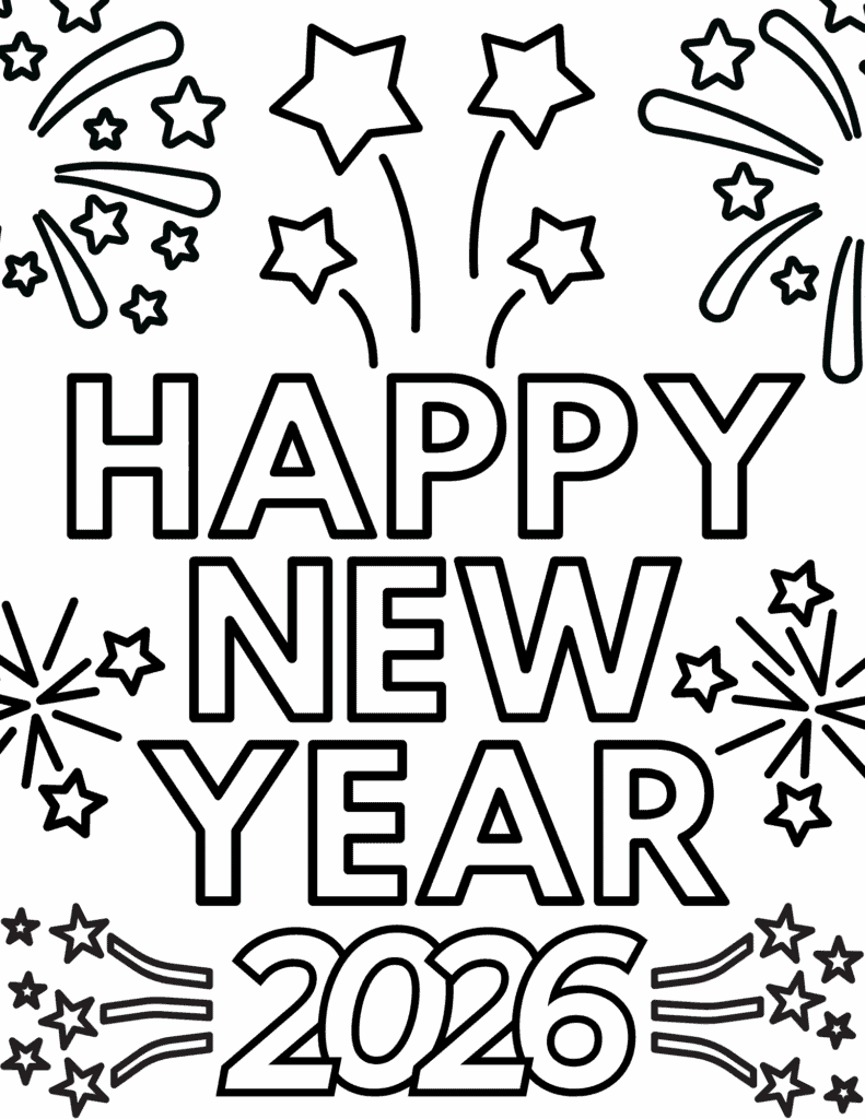 Happy New Year 2026 coloring page with big block letters framed by bursting fireworks and star accents.
