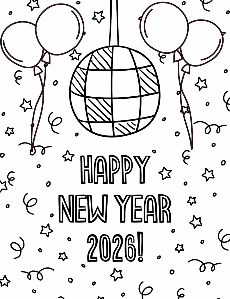 large hanging disco ball, balloons on each side, and a background of stars, dots, and streamers.