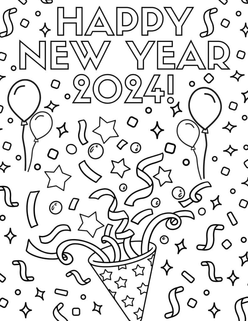 happy new year confetti and party popper coloring page