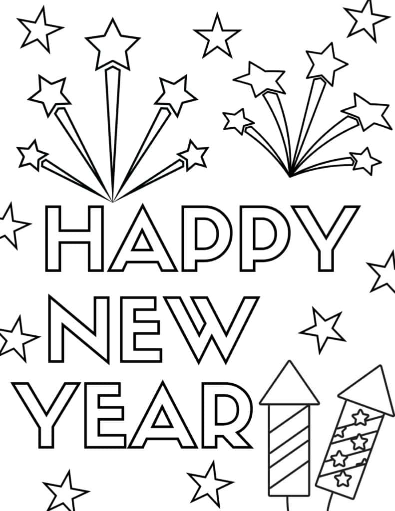 happy new year stars and fireworks coloring page