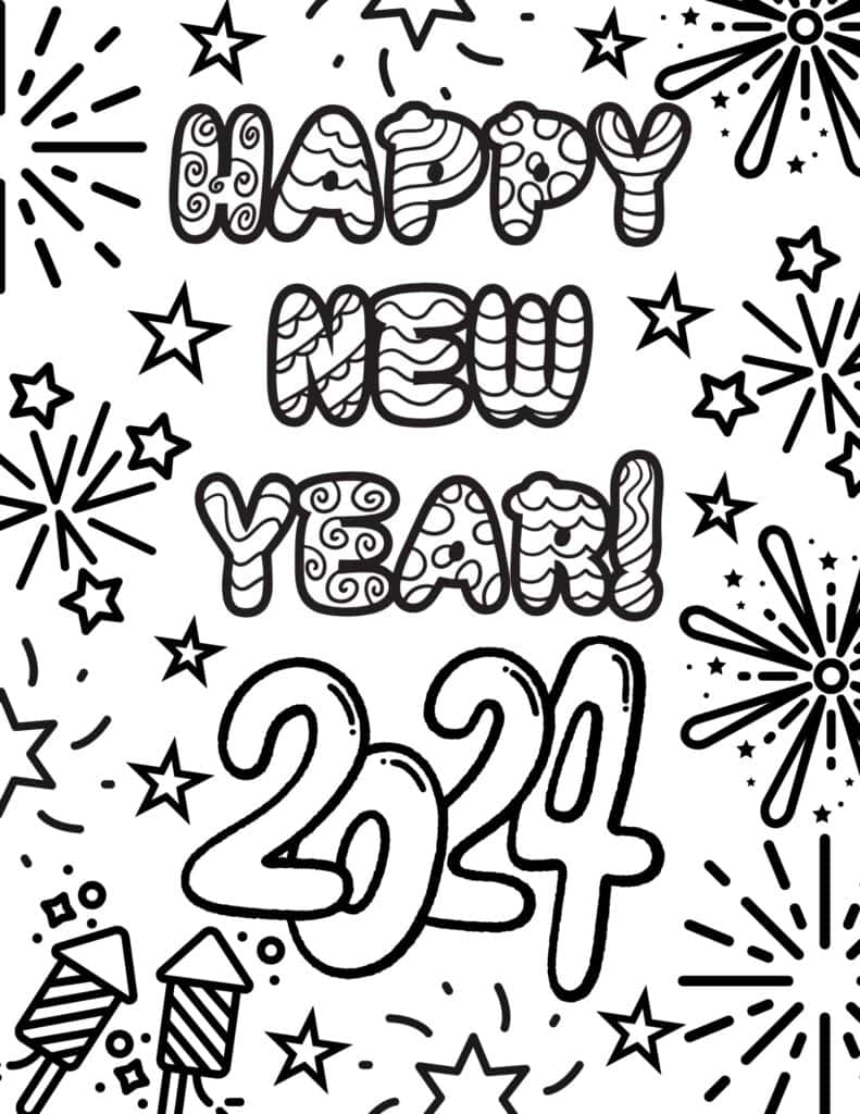 happy new year 2024 fireworks coloring page