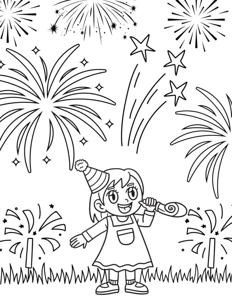 girl blowing party horn with fireworks in the background