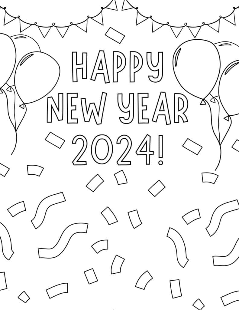 happy new year confetti banners and balloons coloring page
