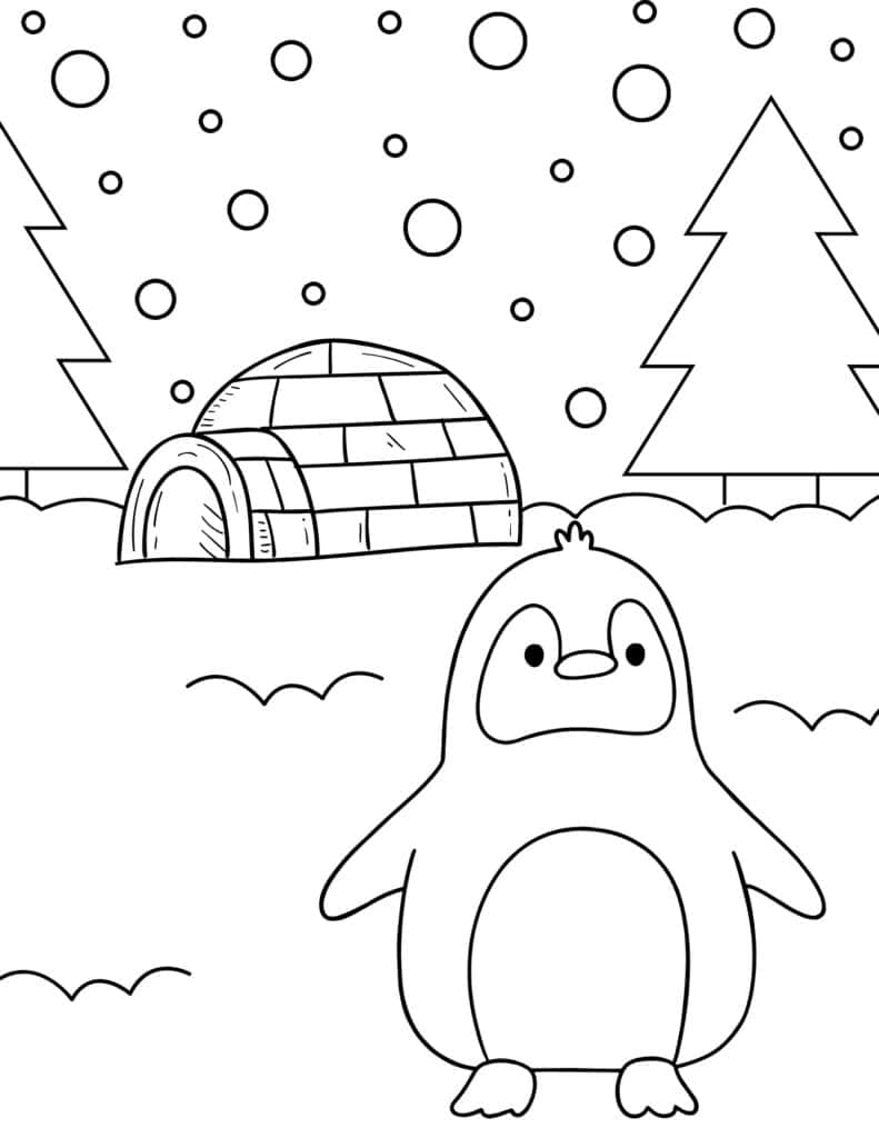 penguin with an igloo coloring page