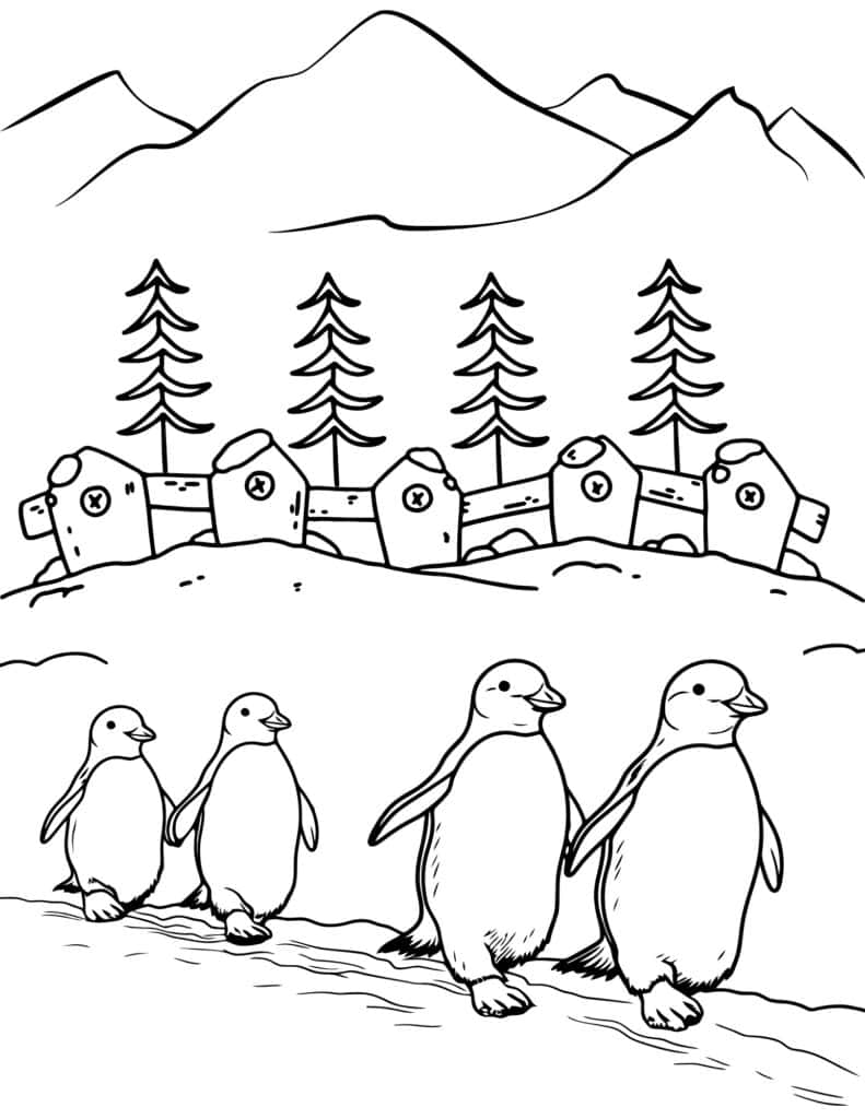 penguins walking through icy terrain