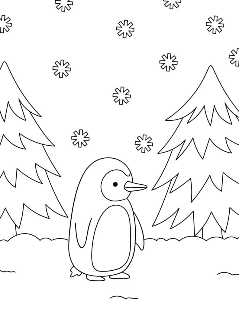baby penguin in the snowy woods coloring page