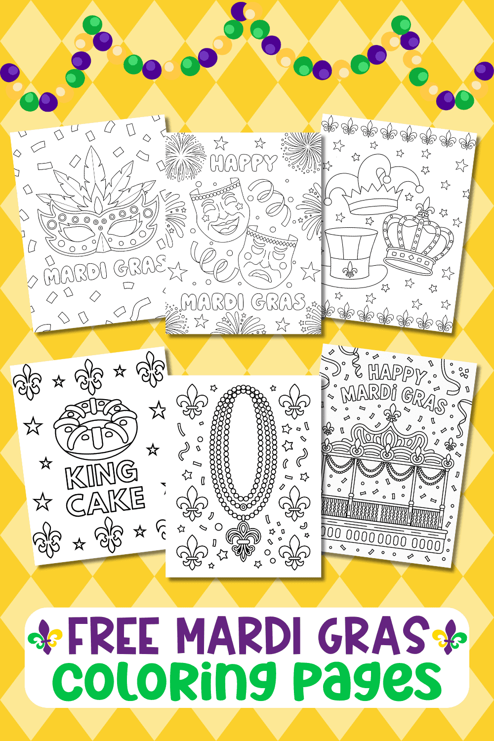 free Mardi Gras coloring pages for kids featuring masks, beads, King Cake, parade floats, crowns, and festive Mardi Gras designs.