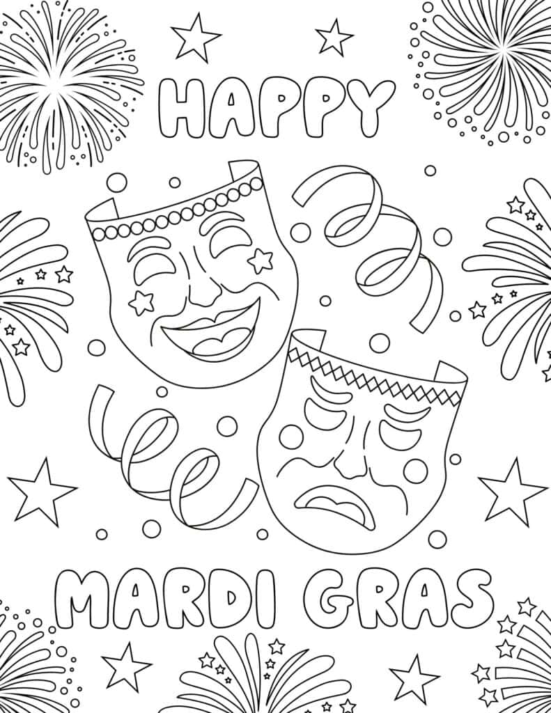 happy and sad masks with fireworks and confetti 